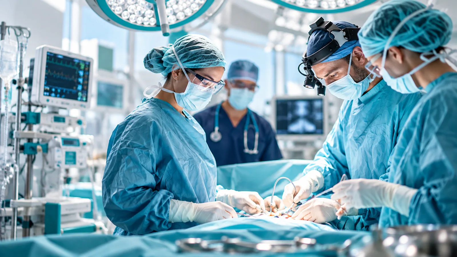 Surgical team in gowns, caps and masks operating in a modern operating theatre