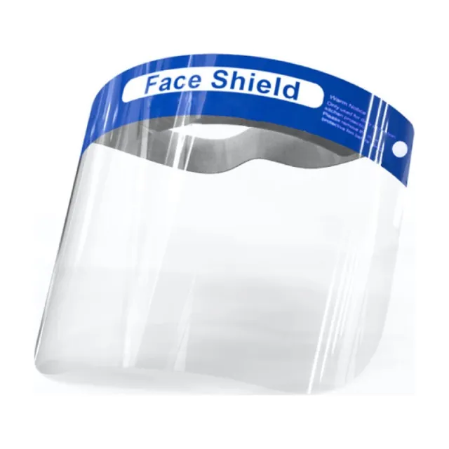 Clear face shield with blue headband